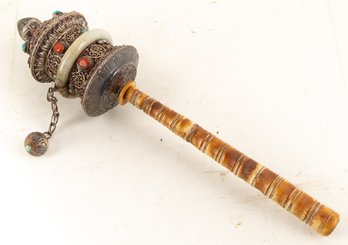 Wood Handle Hand Held Prayer Wheel With Jade, Turquoise, Onyx Attached