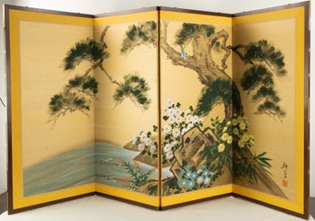 Vintage Japanese Flower And Pine Silk Folding Screen