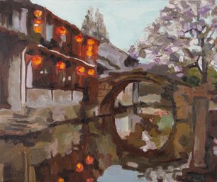 Tong Wu Impressionist Original Oil Painting 'Water Village 6'