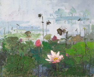 Impressionist Original Oil On Canvas 'Lotus Pond'