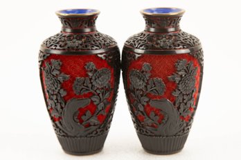 Pair Of Vintage Chinese Carved Cinnabar Lacquer Vase