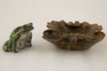 Metal Frog And Small Wood Plate