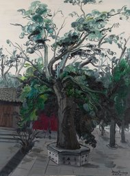 Jiabang Kang Impressionist Original Oil On Canvas 'Old Cedar Tree'