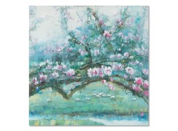 Large Original Animal Life Oil Painting 'Peach Blosom And Sheep'