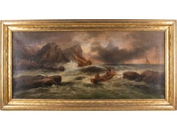 Antique Landscape Oil On Canvas 'Breakers At Sea'