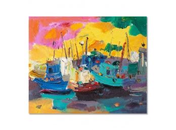 Original Abstract Oil On Canvas 'Blue Boats'