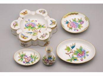 Set Of Five Herend Hungary Porcelains (Ashtray, Mini Bud Vase, Saucer, Cookie Plate, Etc.)