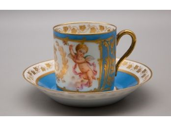 Sevres Louis Philippe Era Coffee Can And Saucer With Painted Putto 1846