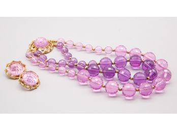 Set Of Purple And Pink Large Necklace And Earring