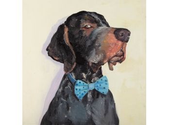 JIao Wang Impressionist Original Oil On Canvas 'Dog With Blue Bow Tie'