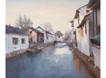 Original Architecturem Oil On Canvas 'River And Boat'