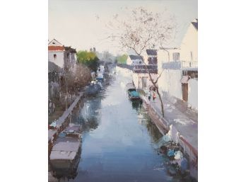 Original Architecture Oil On Canvas 'River And Boat'