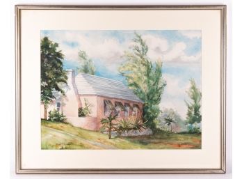 Large Impressionist Watercolor On Paper 'House View'