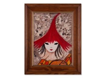 Vintage Modernist Original Oil 'Girl With Red Hat'
