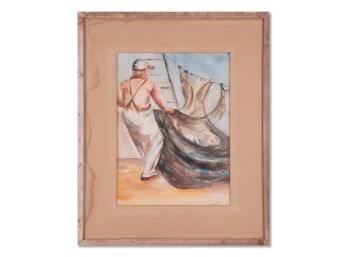 Mid Century Original Watercolor On Paper 'Fisherman'