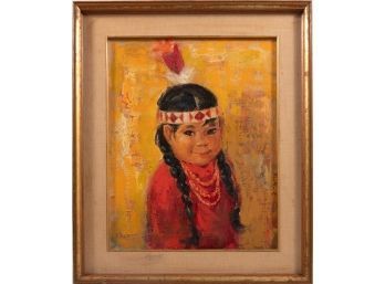 Vintage Figure Oil On Canvas 'Portrait Of Indian Girl'