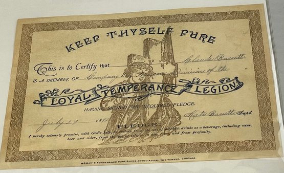 Loyal Temperance Legion Certificate 1892