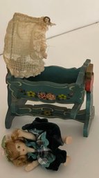 Miniature Wooden Blue Rocking Cradle & Doll