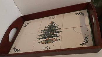 Spode Christmas Tree Design Wood / Tile Serving Tray - Damaged