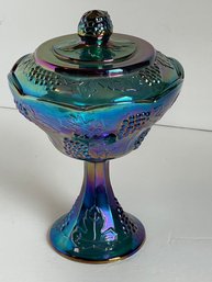 Blue Carnival Glass Candy Dish With Lid