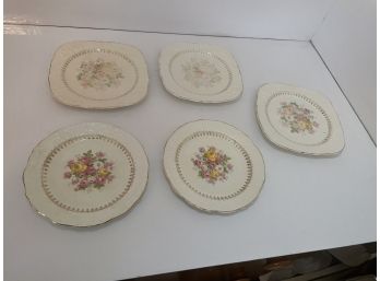 5 Pieces Floral Edwin M. Knowles China Dishes 22 Karat