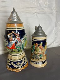 2 Vintage German Painted Pewter Lidded Beer Stein