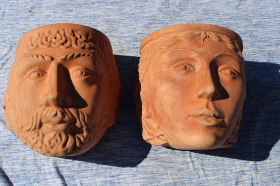 Ceramic Wall Flower Planters - Man Woman Heads - Coppice Side Pottery England