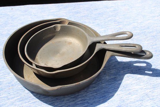 3 MADE IN TAIWAN CAST IRON SKILLETS PANS