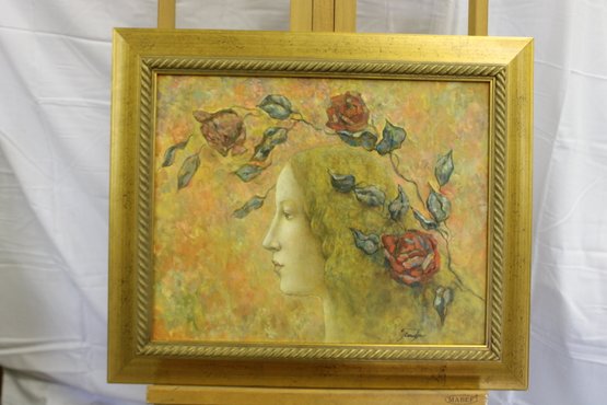 SIGNED OIL ON CANVAS - PORTRAIT OF A WOMAN WITH ROSES 21X25
