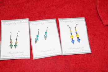 Handcrafted By Natalie -  3  Dangle Pierced Earrings W/ Swarovski Crystals