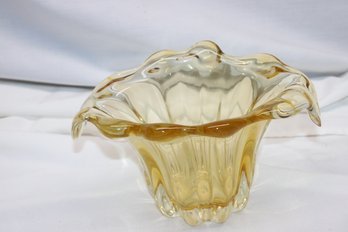 Heavy Yellow Glass Ruffled Bowl Vase