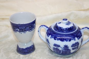 Blue Transferware Egg Cup & Sugar Bowl