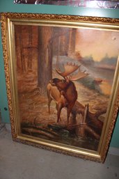 Large Oil Painting Of A Maine Moose Signed Bickford