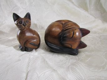 2 CARVED WOOD CATS