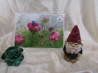 GNOME FIGURINE, FROG CANDLE HOLDER & PRINT