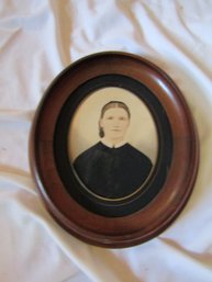 Antique Black & White Photo Of Woman In Wood Oval Frame