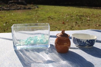 Square Glass Vase, Lidded Jar & Small Decorative Bowl