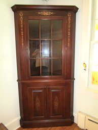 TALL HITCHCOCK LIGHTED STENCILED CORNER HUTCH CABINET W/ Glass Door