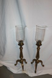 PAIR OF BRASS HURRICANE CANDLE STANDS W/ GLASS CHIMNEYS