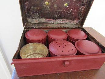 ANTIQUE SPICE PANTRY SHAKERS AND BOX