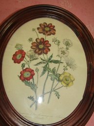 Vintage Antique Floral Print In Oval Wood Frame