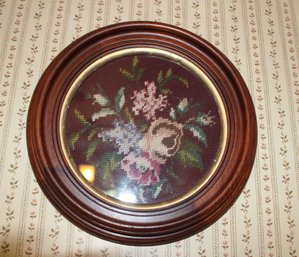 FLORAL NEEDLEPOINT IN VINTAGE WOOD & BRASS FRAME