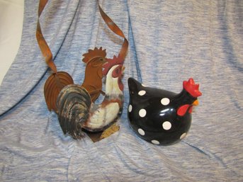 Metal Rooster Basket & Colorful Ceramic Hen