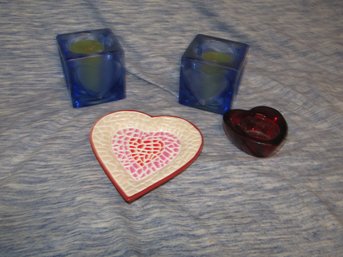 Collection Of Heart Candle Holders & Trinket Tray