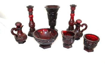 Assortment Of Avon Cape Cod Cranberry Glass - Candlesticks, Creamer, Bowl, Vase, Oil & Vinegar Bottles