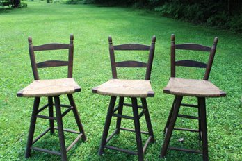 3 Vintage Wood Swivel  Stools Rush Seats