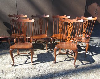 6 VINTAGE NICHLOLS & SONS SPINDLE BACK CARVED CHAIRS WITH CLAW FEET