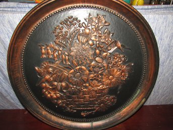 Vintage Coppercraft Guild Embossed Platter  Flower Basket Wall Plate 7460