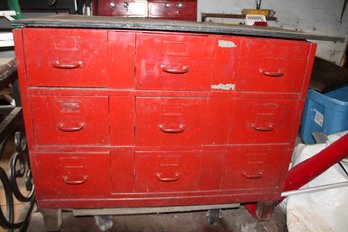 PAINTED RED METAL  FILE CABINET / STORAGE