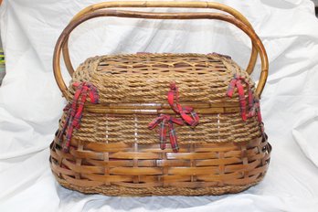 Large Wicker Picnic Basket And Plastic Ware